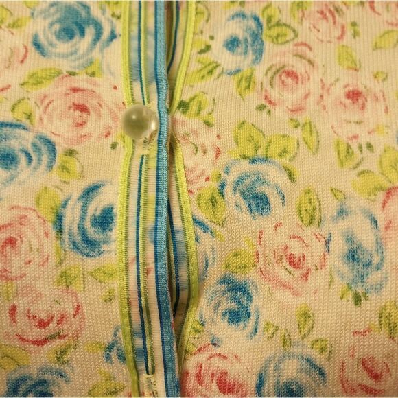 Silk blend floral sweater with glass accent buttons and ribbon t… - Picture 8 of 11